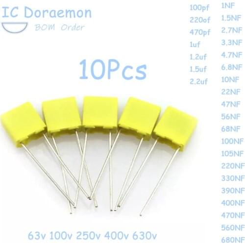 63V 100V 250V 400V 630V Polypropylene Safety Plastic Film 1NF~680NF 10NF 22NF 47NF 100NF 220NF 1.2UF 100PF Correction Capacitor