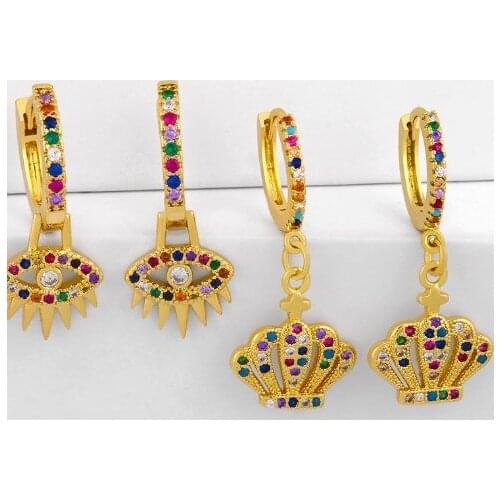 Crown evil eye multicolor Brass micro pave cz zircon cubic zirconia drop Hoop Earrings studs copper gold plated crystal uk45