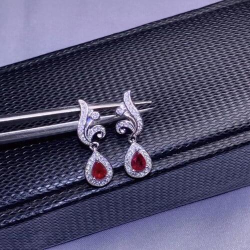 Natural red ruby gem drop earrings Natural gemstone earrings fashion flame Water drop 925 silver female girl party gift jewelry