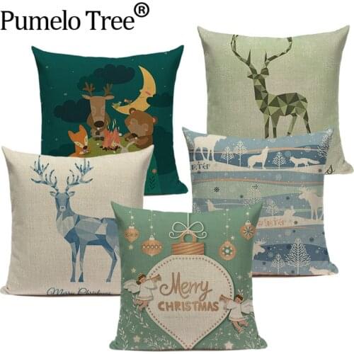 Merry Christmas Tree Cute Deer Happy Festival New Year Decorations Snowflakes Kerst Decoratie Weihnachten Natal Cushions Cover