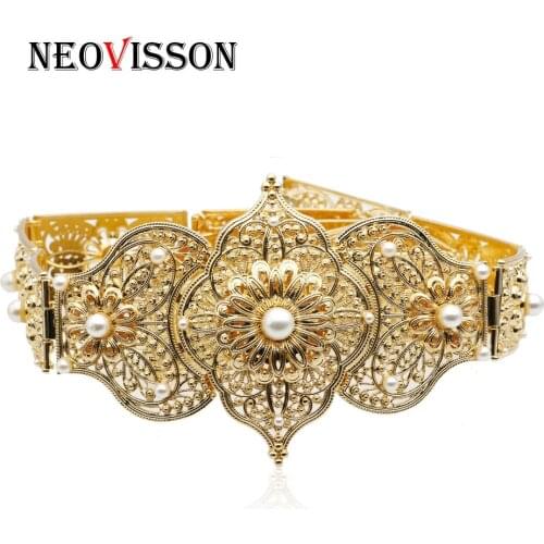 NEOVISSON Vintage Gold Color Algeria Women Caftan Belt Metal Wedding Jewelry Crystal Pearl