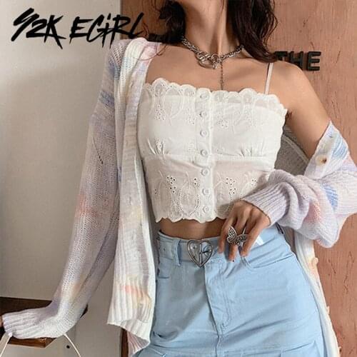 Y2K EGIRL Vintage Spaghetti Strap Floral Ruffles White Cami Tops Sweet Slim Buttons Transparent Milkmaid Top 90s Party Outfits