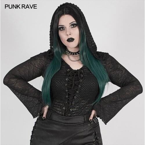 PUNK RAVE Plus Size Womens Punk Perspective Printed Dark Mesh Hooded T-shirt Adjusted Eyelet Rope Gothic Tops Horn Shape Cuffs