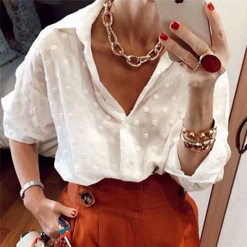 Womens Long Sleeve Shirts Crop Tops Fashion Polka Dot Blouses Elegant White OL Shirt Ladies Blouse Shirts Summer Street Wear
