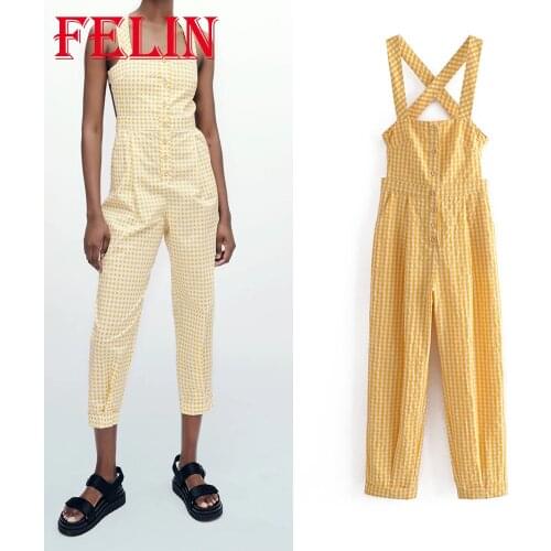 Za Plaid Vintage Summer Jumpsuits Women Summer Sleeveless Sexy Loose High Waist Rompers Women Streetwear Fashion 2021 Jumpsuits