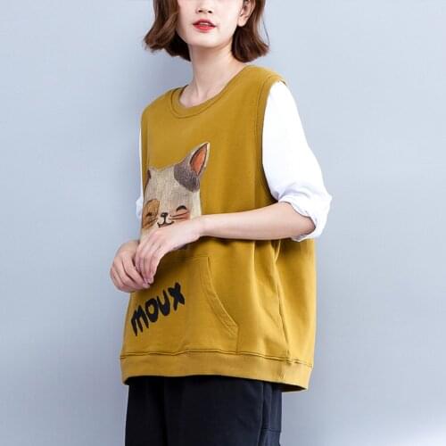 Johnature Leisure Vest Women Clothes 2021 New Spring O-neck Cartoon Casual Solid Color Pocket Women Loose Vest (Only Vest)