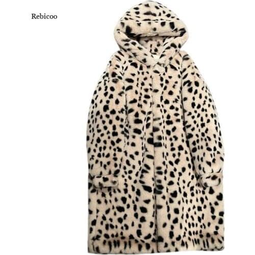 Women Korean Imitation Fur Leopard Print Fur Coat Fur One Coat Winter Jacket Women Fashion Hooded Warm Parkas Jacket New
