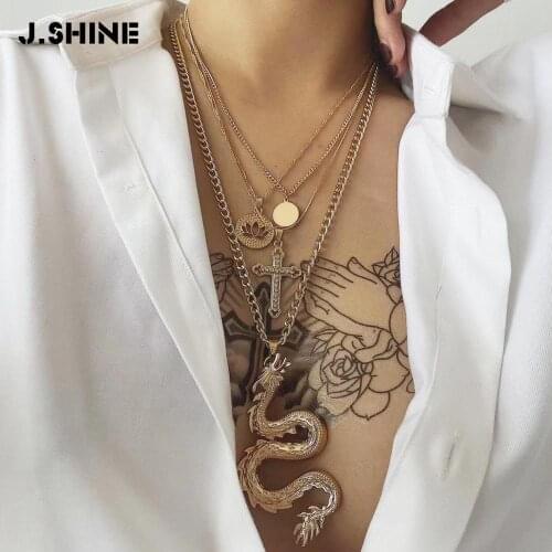JShine Punk Religious Zodiac Dragon Pendant Multi Layer Necklace Female Hollow Lotus Cross Pendants Sweater Chain Necklace