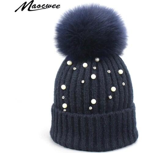 Girl Women Real Fox Fur Pompon Beanies Hat Winter Wool Crochet Knitted Hat With Pearl Female Soft Solid Warm Skullies Beanies