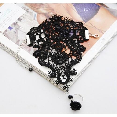 1pc Women Rose Beads Flower Lace Glove Goth Style Adjustable With Ring Long Bracelet Women Accessories