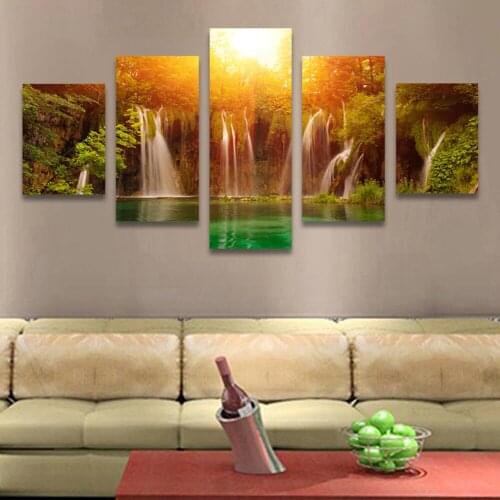 Printing Canvas Painting 5 Sheets/set of Wall Art Poster Waterfall Sunrise Landscape Painting Home Decor Bedroom Mural Frameless