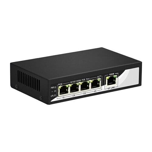 5-port 10/100/1000M switch, of which 1-4 ports support POE, IEEE 802.3af international standard, external total power 65W