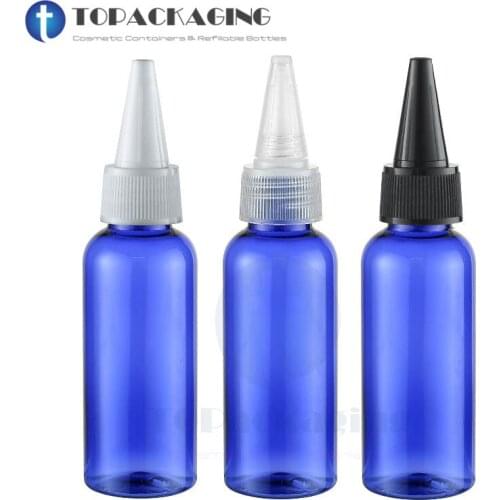 50*50ml Blue Needle Nose Cap Bottle,Empty Plastic PET Cosmetic Liquid Container With Long Nose Cap Lid,Hair Cold Perm Bottle