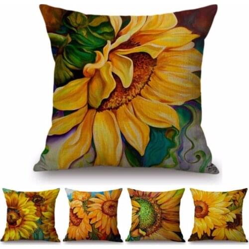 18" Yellow Sunflower Oil Painting Abstract Art Home Decoration Sofa Cushion Cover Cotton Linen Floral Flowers Car Pillow Cases