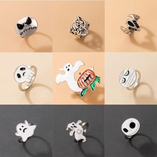 Docona Halloween Pumpkin Bat Skull Flame Cute Rings for Women Men Colorful Dropping Oil Hollow Geometry Party Jewelry Anillos