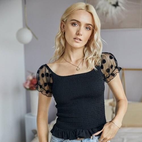 Summer New Women Dot Sleeves Solid Titching Slim T-Shirt Women Trendy Puff Sleeve Square Collar Wild T Shirt Female Top