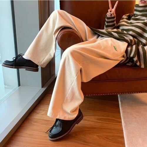 HOUZHOU Beige Corduroy Pants Women Harajuku Autumn Causal Loose Wide Leg Pants Korean Style Elastic Waist Black Trousers Fashion