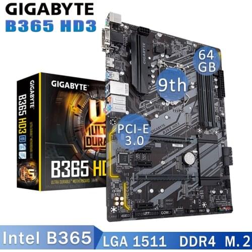 LGA 1151 Gigabyte B365 HD3 Motherboard DDR4 64GB i9 i7 i5 i3 64GB PCI-E 3.0 VGA DVI HDMI Desktop B365 Placa-Mãe 1151 Micro ATX