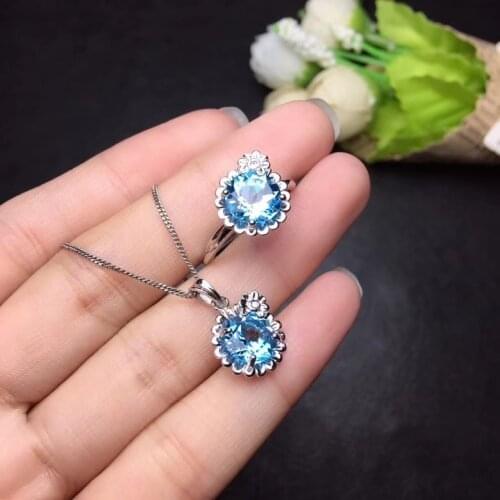 Fashion Lovely round Sun flower Natural blue topaz Pendant ring Natural Gemstone Jewelry Set S925 Silver Women girl gift jewelry