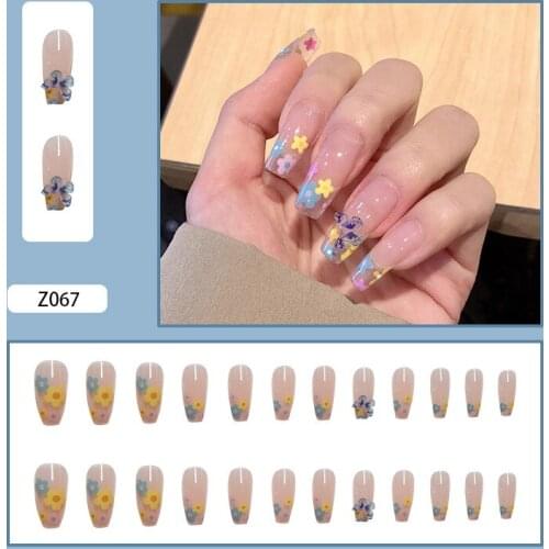 24pcs Colorful Flower Printed Nail Patch Glue Type Removable Long Paragraph Fashion Manicure False Nail Patch SK88