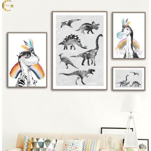 Rainbow Feather Baby Dinosaur Canvas Painting Cartoon Animal Posters Nordic Wall Art Prints Pictures for Kids Room Decor
