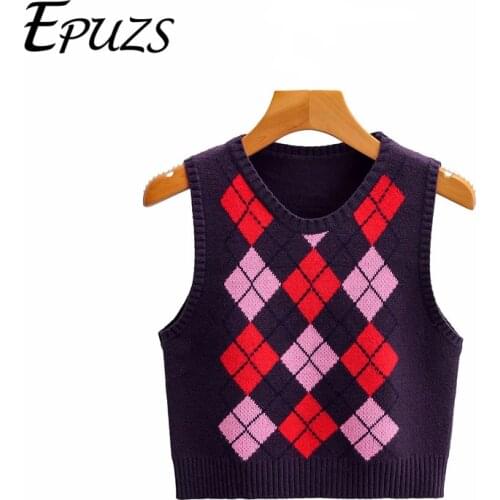 Women vintage argyle vest sweater women knitted sweater korean cute cropped sweater casual sleeveless cotton plaid vest
