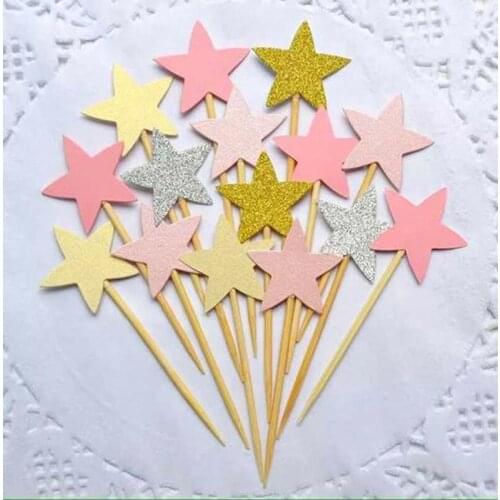 30pcs pink Glitter Star Cupcake Toppers pink Party Supplies Twinkle Little Star Party 1st Birthday Wedding New Years Eve Party