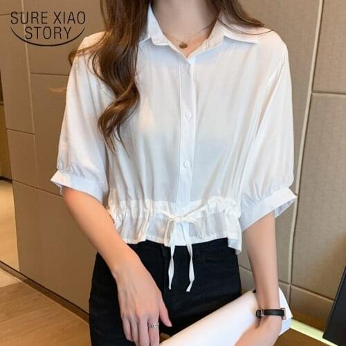 2020 Summer Korean Loose Short Sleeve Purple Top Female Simple Fashion Drawstring Polo Collar Women Blouses Blusas Mujer 10085