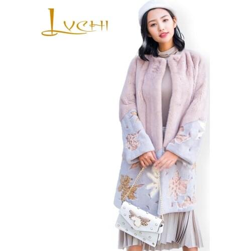 LVCHI Winter 2019 Real Mink Fur Coats Womens O-Neck Full Sleeve Coat Long Full Pelt Causal Fashion Pint Flower Pink Mink Coats