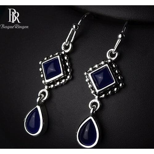 Bague Ringen Geometry Silver 925 Jewelry Square Sapphire Earrings for Women Long Water drop shaped Ear drops Elegant Anniversary