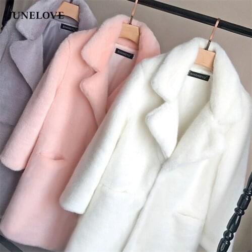 JuneLove Women Mink Faux Fur Coat Vintage Solid Female Turn Down Collar Winter Warm Fake Fur Lady Coat Casual Jacket Outwears