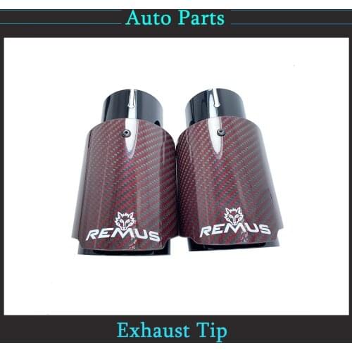 1PCS Universal Black Stainless Steel Single Exhaust Pipe Red Glossy Carbon With Remus Logo Muffler Tip