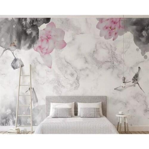 Wellyu Custom wallpaper 3D обои solid wall painting jazz white marble texture ink lotus Chinese style sofa background wall paper