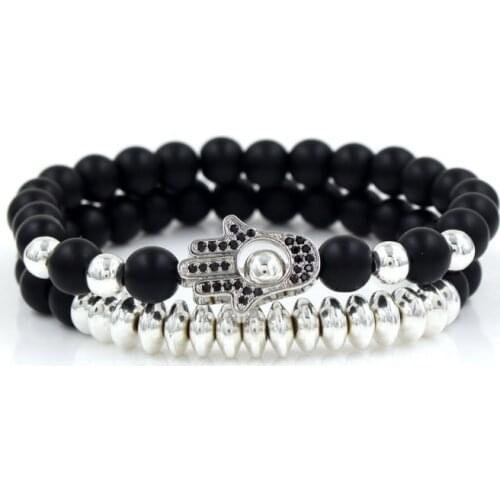 8mm 2PCS/Lot ik5 gold silver Copper cz zircon cubic zirconia elastic adjusted agate Onyx fatima hand palm Bracelet Bangles