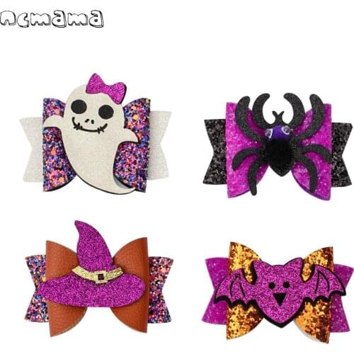 4 Pcs/lots Halloween 3'' Glitter Hair Clips for Girls Hair Bows Cartoon Spider/White Elf Hairgrips Party Gifts Kids Headwear