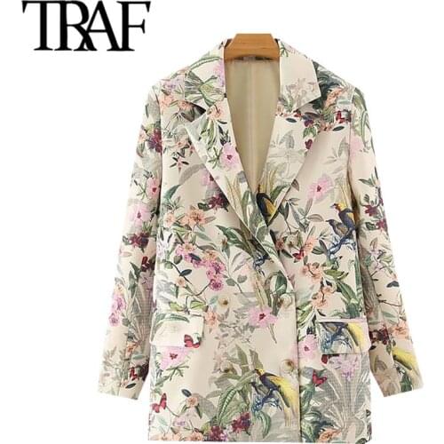 TRAF Women Fashion Office Wear Floral Print Blazer Coat Vintage Long Sleeve Pockets Female Outerwear Chic Tops