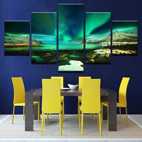 HD Prints Canvas Modular Pictures Wall Art Framework 5 Pieces Polar Region Aurora Paintings Green Lake Posters Home Decor Room