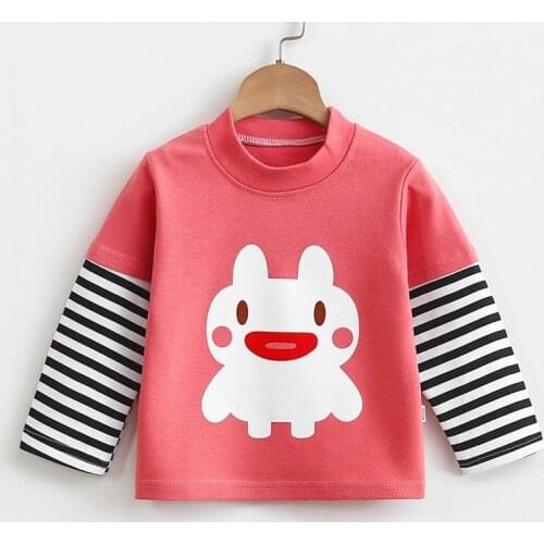 Kids Autumn Clothes Fashion Cartoon Stripe Sleeve Girl Tops Big Boys Long Sleeve T-shirt Pure Cotton Tops 1 3 5 7 Years Old