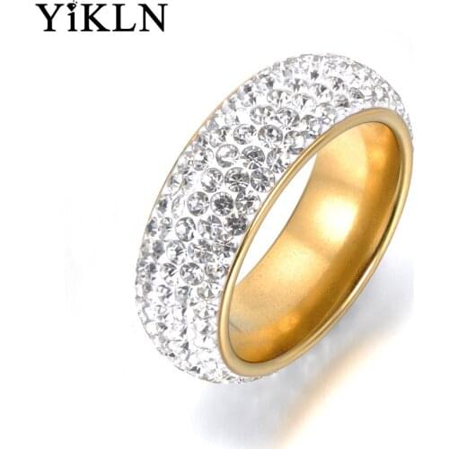 YiKLN Classic Rhinestone Stainless Steel Finger Rings Pave Setting CZ Crystal Gold Color Wedding Rings Jewelry For Women YR18057