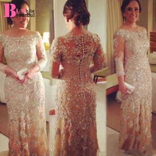 Beautifulinwhite Elegant Mother Of The Bride Dresses Champagne Full Lace Appliques Beadings Mother Dresses Plus Size BP007