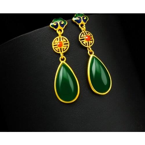 Fashion 14k Gold Earring Female Vintage Chalcedony Drop Earring for Women Statement Jewelry Gemstone Jade Droplet Earrings Gifts