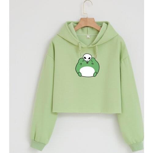 Fashion Womens Crop Top Hoodies Kawaii Frog Skull Print Oversized Harajuku Basic Autumn Sportswear 2021 New Female Pullovers