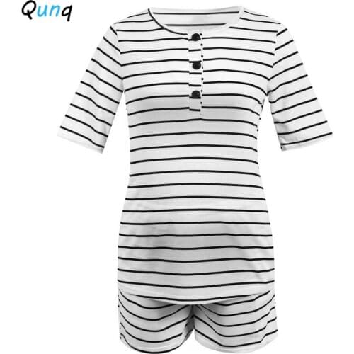 Qunq Summer Maternity Clothing Set Striped T-shirts Shorts Two Piece Home Lounge Clothes Casual Pregnant Woman Pajama Suits