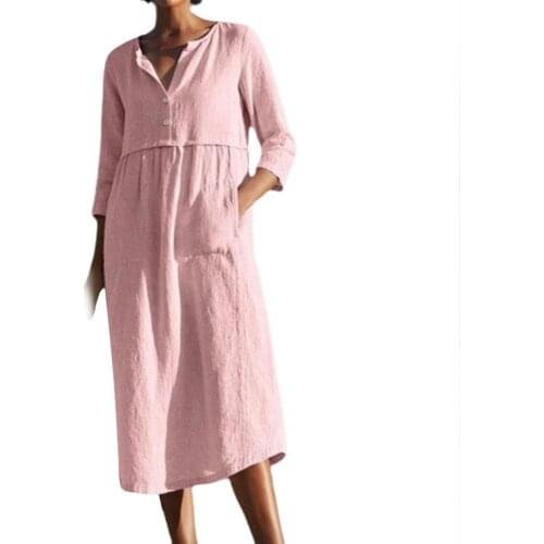 Casual Dresses for Women 2021 Solid Color Half Sleeve Pockets Buttons Cotton Linen Loose Lady Midi Dress Plus Size