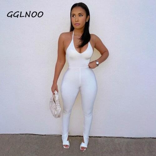 GGLNOO Casual V Neck Solid Sleeveless Open Back Split Ankle Pants Sexy One Piece Jumpsuit