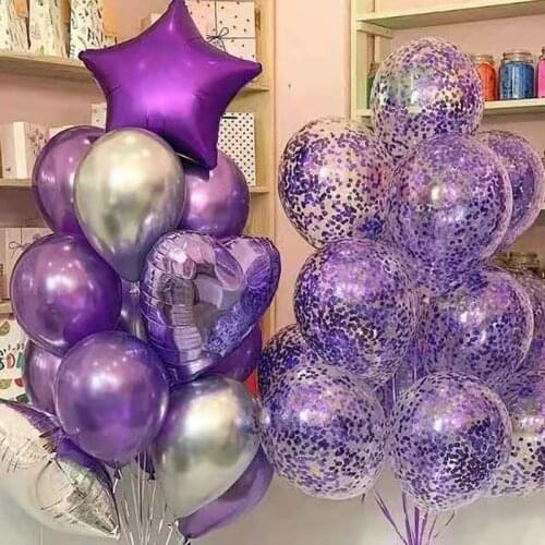 1set Romantic Purple 18inch Metallic Star Heart Foil Balloon Confetti Latex Balls Wedding Baby Shower Birthday Party Decorations