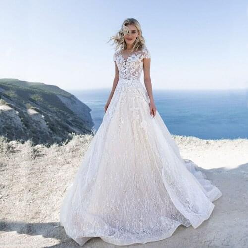 Luxury O-neck Applique Lace A-line Wedding Dresses With Cap Sleeves Sweep Train Women Bridal Gowns robe de mariee 2020