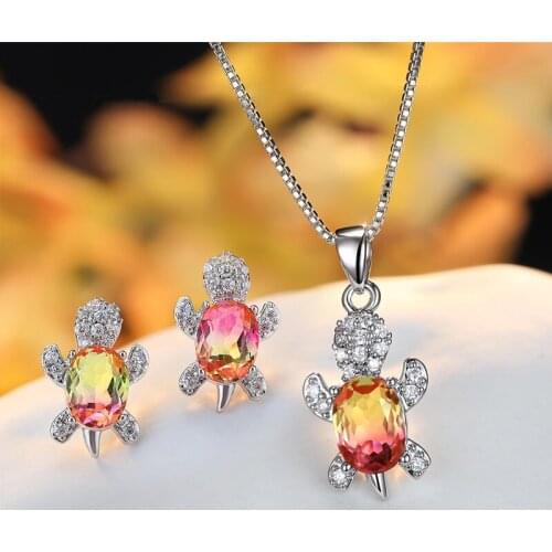 Luxury Female Turtle Bridal Jewelry Set Pink Yellow Oval Zircon Rainbow Stone Earrings Pendant Necklace Sets For Women