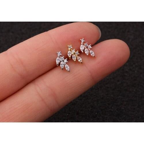 1 PCS Cute Small Leaf Shape Micro Pave CZ Piercing Ear Bone Cuff Earring Trendy Gold Color Screw Back Stainless Steel Bar Ears