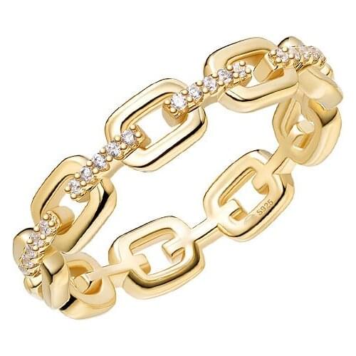 SOELLE Fashion Real 925 Sterling Silver Yellow Gold Color Link Chain Finger Ring Micro Zirconis Women Fine Party Brand Jewelry